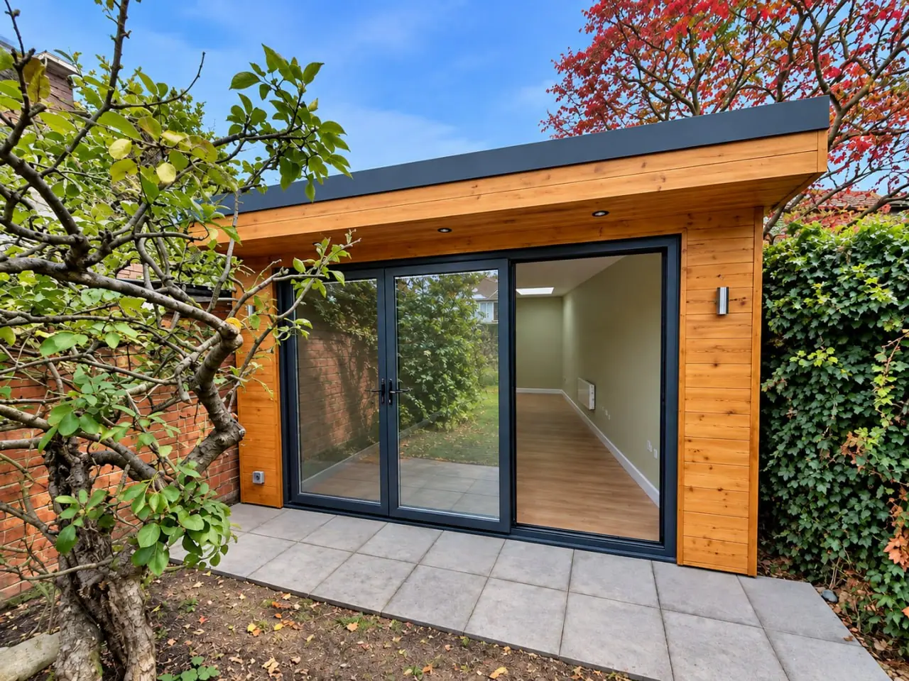 Cedar garden room with sliding glass doors